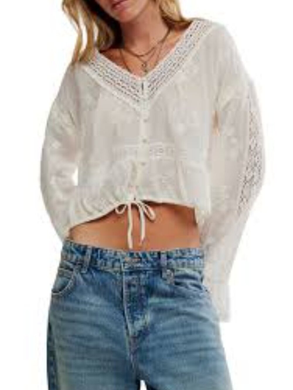 Free People Sweet Love Blouse Crochet-Trim Embroidered Peasant Blouse Size XL